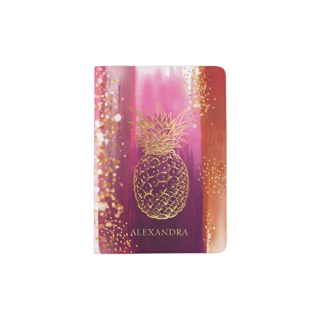Personalized Pink Gold Glitter Pineapple Passport Holder (Front)