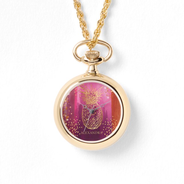 Personalized Pink Gold Glitter Pineapple Watch (Front)