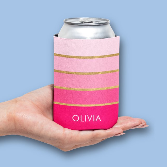 Personalized Pink & Gold Name Can Cooler (Pink and gold striped personalized can cooler)