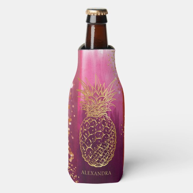 Personalized Pink Gold Pineapple Glitter Bottle Cooler (Bottle Front)