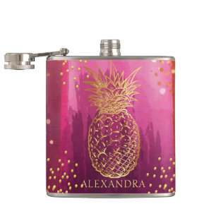 Personalized Pink Gold Pineapple Glitter Flask