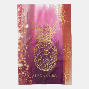 Personalized Pink Gold Pineapple Glitter Kitchen Towel