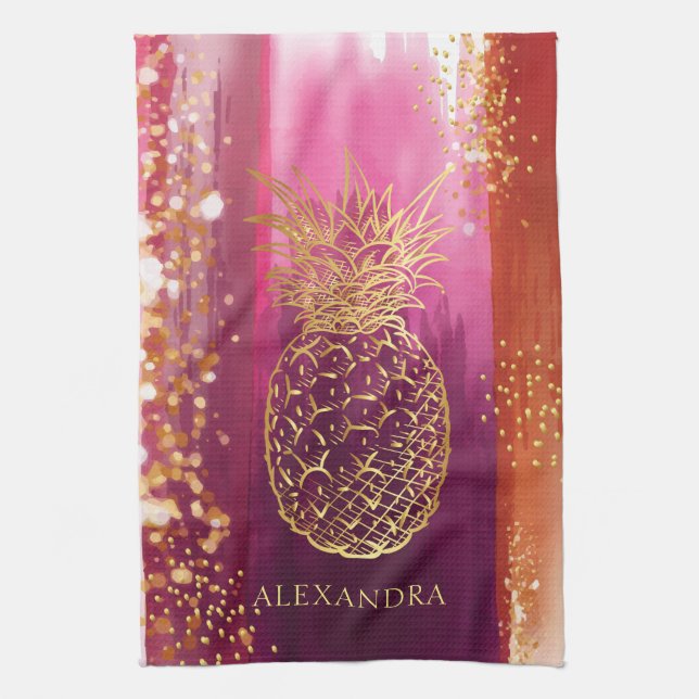 Personalized Pink Gold Pineapple Glitter Kitchen Towel (Vertical)