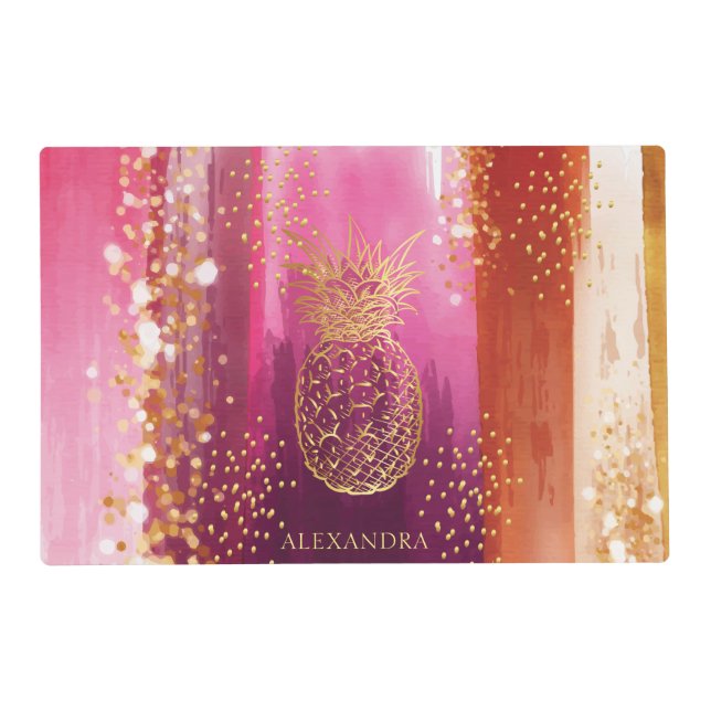 Personalized Pink Gold Pineapple Glitter Placemat (Front)