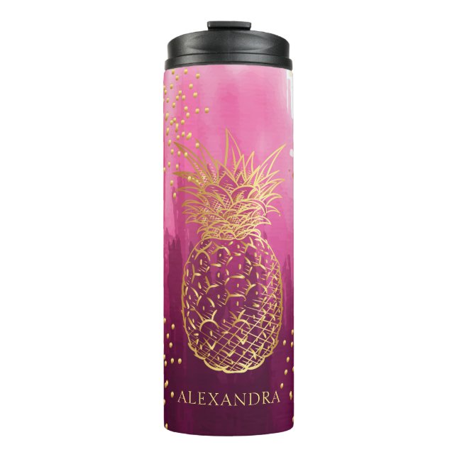 Personalized Pink Gold Pineapple Glitter Thermal Tumbler (Front)