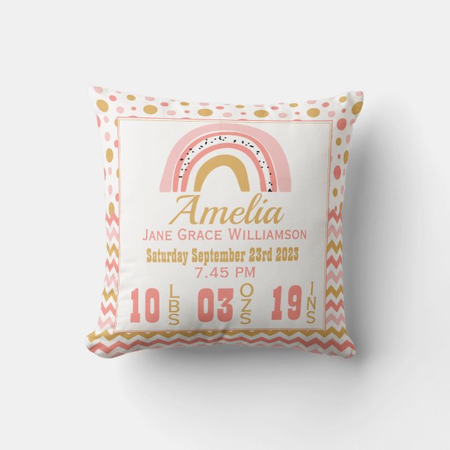 Personalized Pink Gold Rainbow Birth Stats Nursery Throw Pillow (Front)