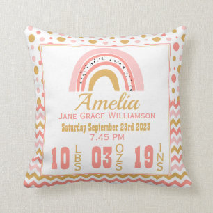 Personalized Pink Gold Rainbow Birth Stats Nursery Throw Pillow