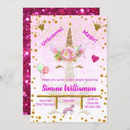 Personalized Pink Gold Stars Unicorn Baby Shower Invitation