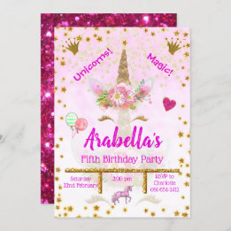 Personalized Pink, Gold Stars Unicorn Birthday Invitation