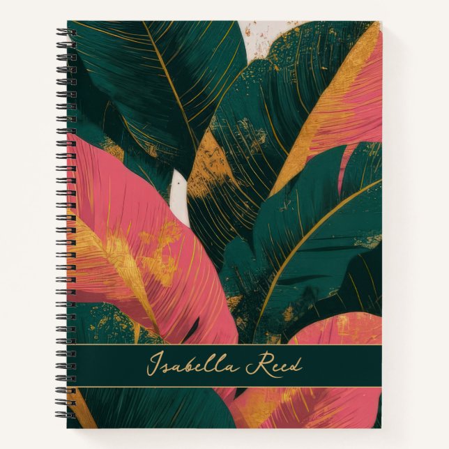 Personalized Pink & Gold Tropical Leaves Notebook (Front)