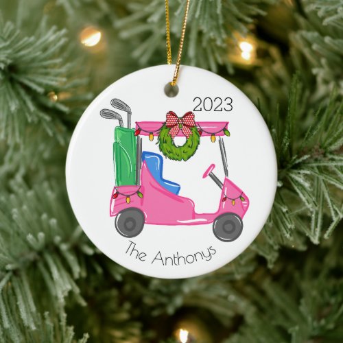 Personalized Pink Golf Cart Christmas Lights Ceramic Ornament