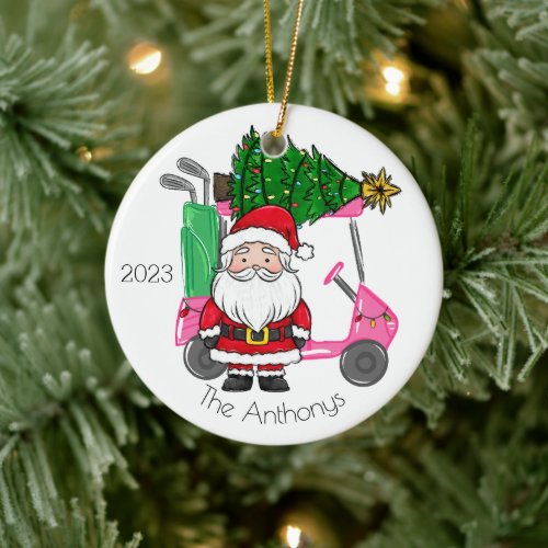 Personalized Pink Golf Cart Santa Christmas Tree Ceramic Ornament