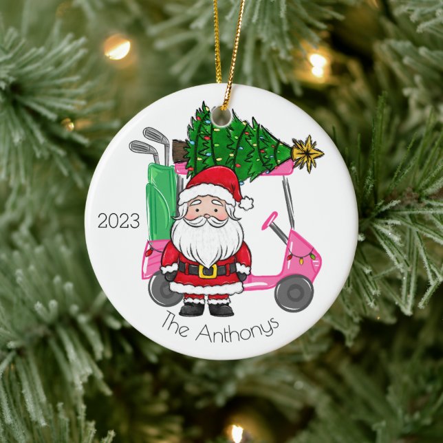 Personalized Pink Golf Cart Santa Christmas Tree Ceramic Ornament (Tree)
