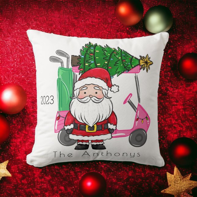 Personalized Pink Golf Cart Santa Christmas Tree Throw Pillow (Creator Uploaded)