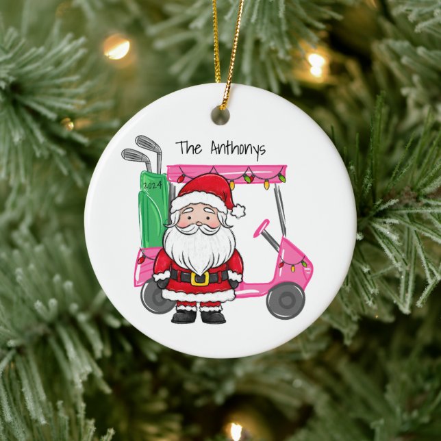 Personalized Pink Golf Cart Santa Christmas Year Ceramic Ornament (Tree)