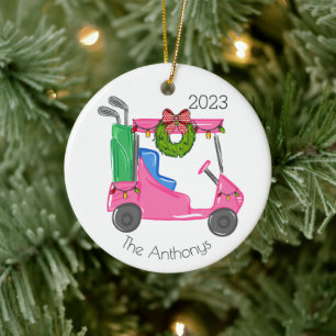 Personalized Pink Golf Cart with Lights Christmas Ceramic Ornament
