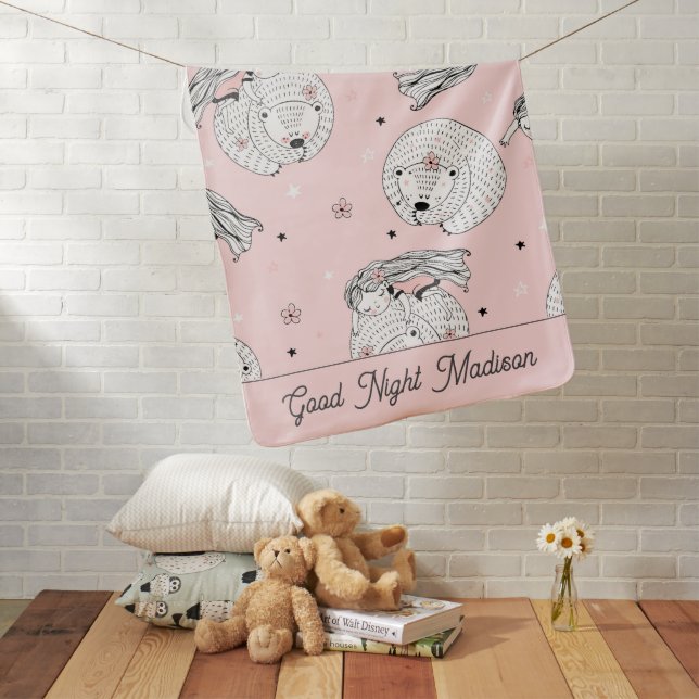 Personalized Pink Good Night Girl Bear Baby Name Baby Blanket (In Situ)