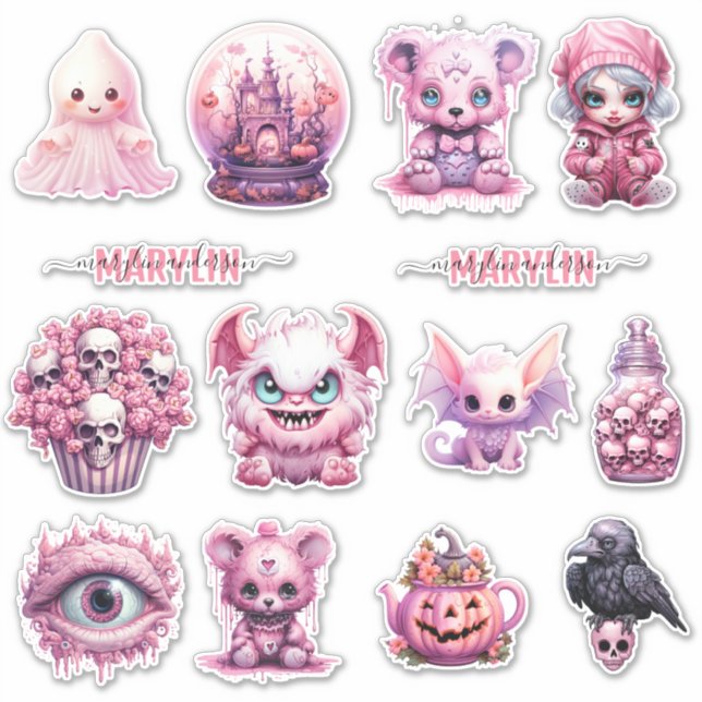 PERSONALIZED PINK GOTHIC HALLOWEEN CUSTOM NAME STICKER (Front)