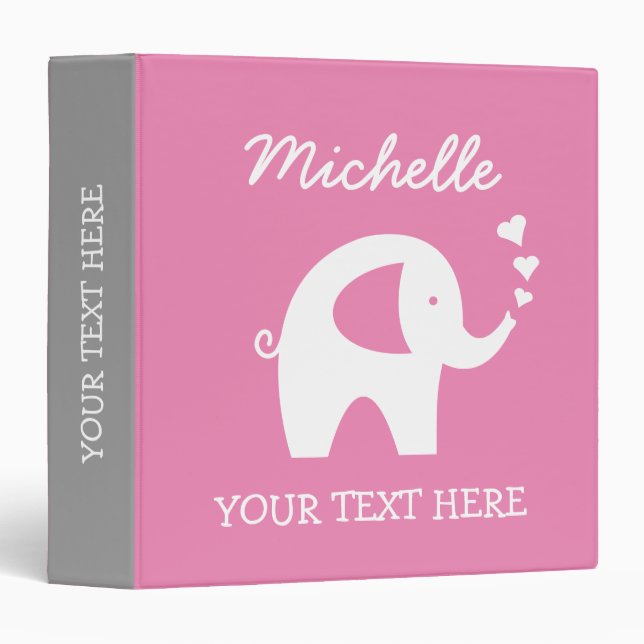 Personalized pink gray binder with baby elephant (Front/Spine)