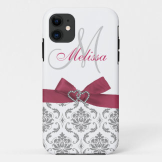 Personalized Pink Gray Damask iPhone 11 Case