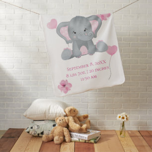 Personalized Pink Gray Elephant Baby Girl Gift Blanket