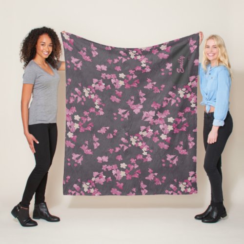 Personalized Pink Gray Floral Fleece Blanket