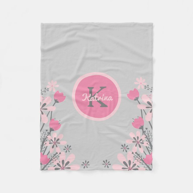 Personalized Pink Gray | Flowers Nursery Girl Fleece Blanket (Front)