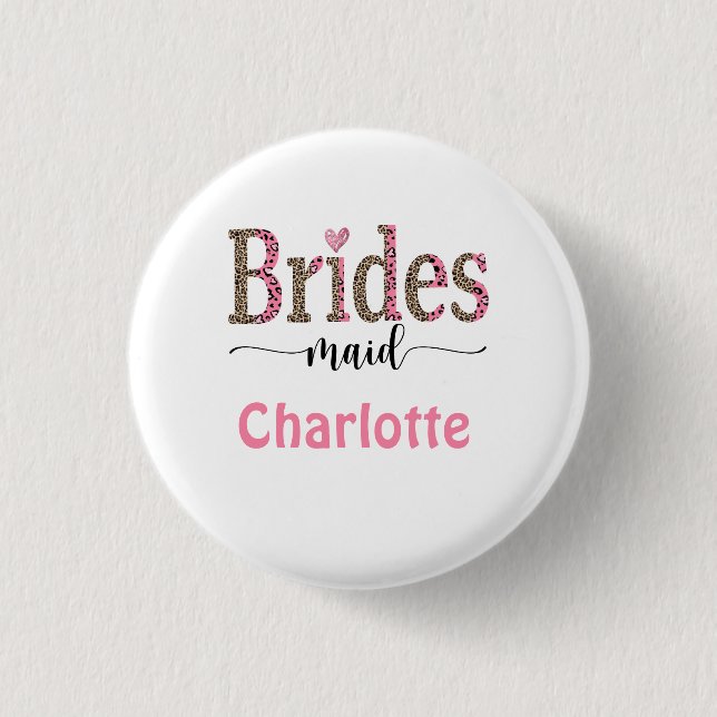 Personalized Pink Gray Leopard Print Bridesmaid Button (Front)