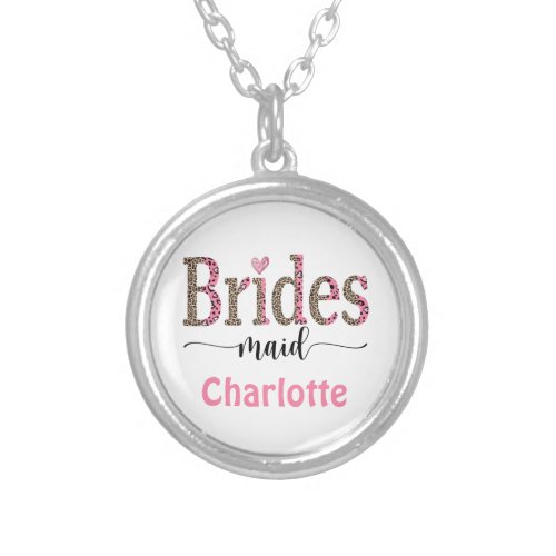 Personalized Pink Gray Leopard Print Bridesmaid  Silver Plated Necklace