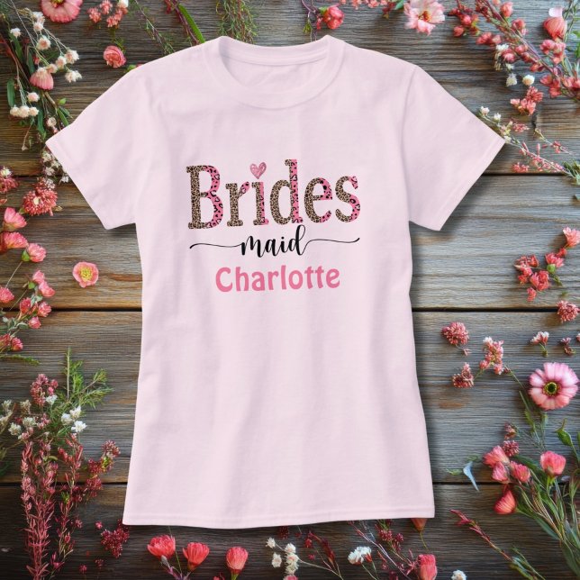 Personalized Pink Gray Leopard Print Bridesmaid  T-Shirt (Bridesmaid pink leopard print personalized T-shirt )