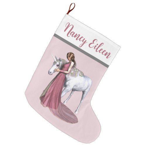 Personalized Pink  Gray Magical Unicorn  Maiden Large Christmas Stocking