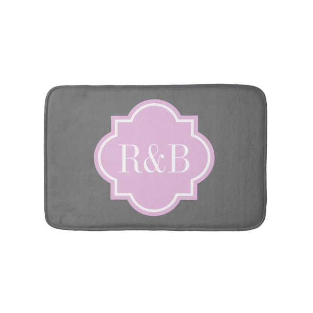 Personalized pink gray monogram non slip bath mat (Front)