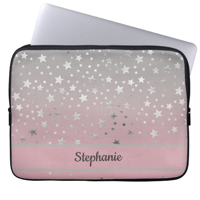 Personalized Pink Gray Stars Ombre Stylish Chic  Laptop Sleeve (Front)