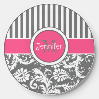 Personalized Pink, Gray Striped, Abstract Floral Wireless Charger