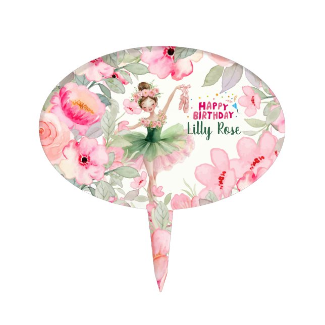 Personalized Pink & Green Ballerina Birthday  Cake Topper (Pretty Green and Pink Birthday Ballerina Cake Topper)