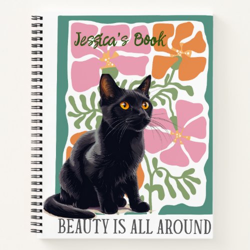 Personalized Pink Green Black Cat Spiral Notebook