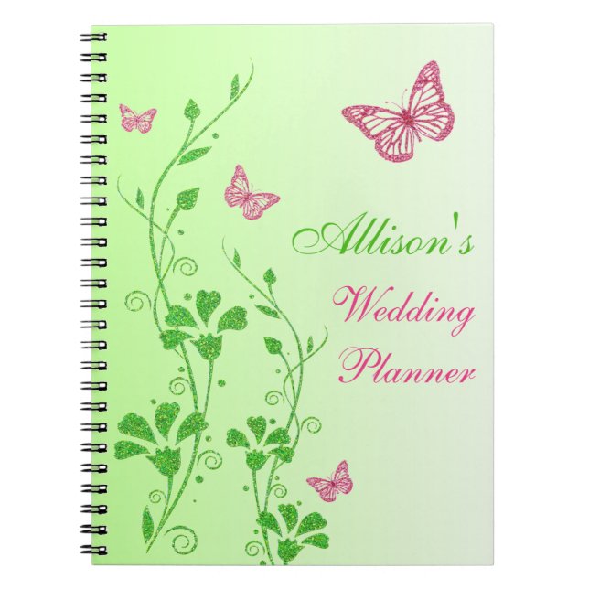 Personalized Pink Green Butterfly Floral Notebook (Front)
