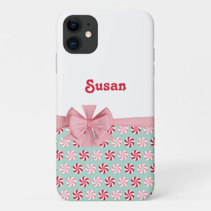 Personalized Pink & Green Christmas Candy with Bow iPhone 11 Case