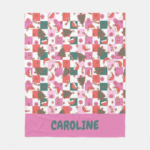 Personalized Pink Green Christmas Cheer Checkered Fleece Blanket