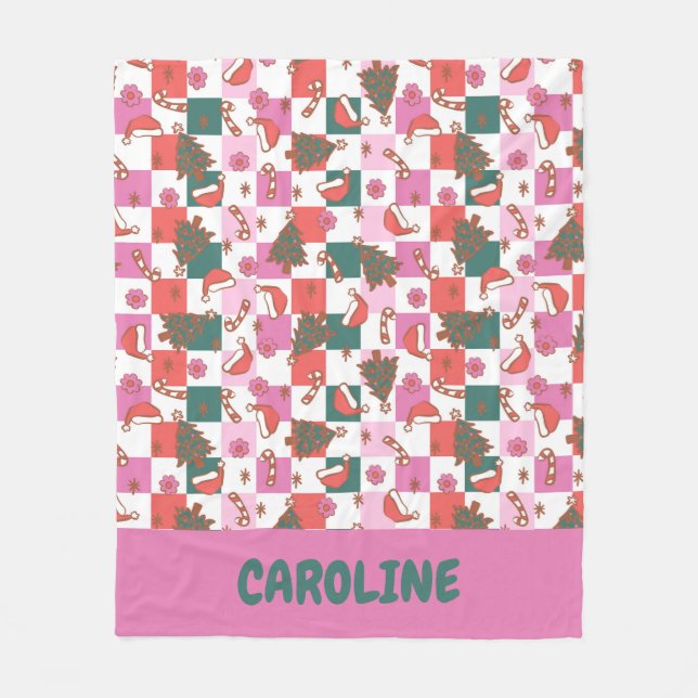 Personalized Pink Green Christmas Cheer Checkered Fleece Blanket (Front)