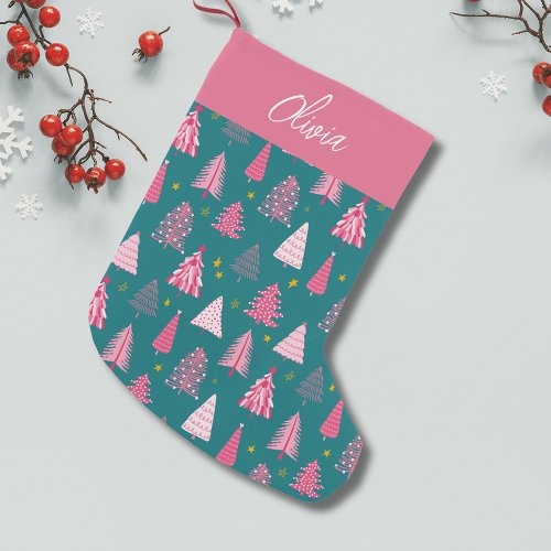 Personalized Pink  Green Christmas Tree Pattern Small Christmas Stocking