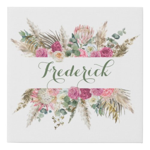 Personalized Pink Green Floral Family Name   Faux Canvas Print