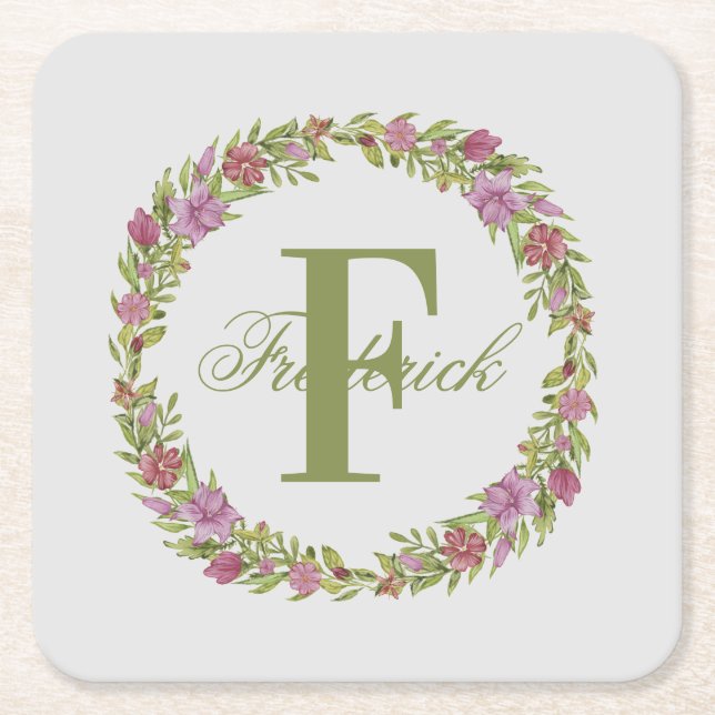 Personalized Pink Green Floral Last Name Monogram Square Paper Coaster (Front)