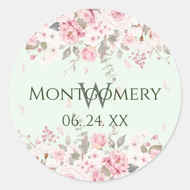 Personalized Pink Green Floral Spray Classic Round Sticker (Front)