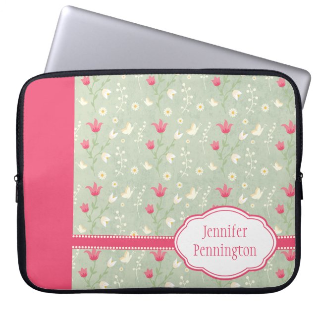 Personalized pink green flowers laptop sleeve (Front)