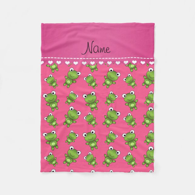 Personalized pink green frogs pink heart stripe fleece blanket (Front)