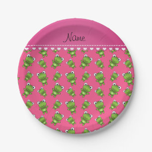 Personalized pink green frogs pink heart stripe paper plates