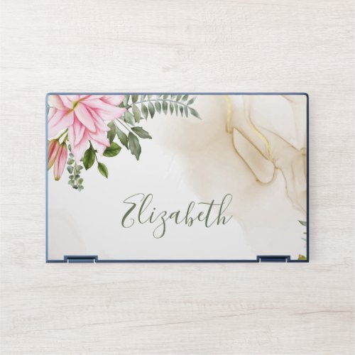 Personalized Pink Green Gold Floral Script Font  HP Laptop Skin