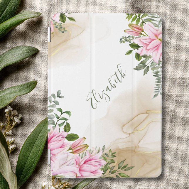 Personalized Pink Green Gold Floral Script Font iPad Mini Cover (Gold Green Pink Watercolor Florals iPad cover. Monogram it with your name or text. )