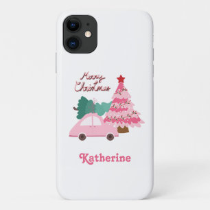 Personalized Pink & Green Merry Christmas Tree iPhone 11 Case